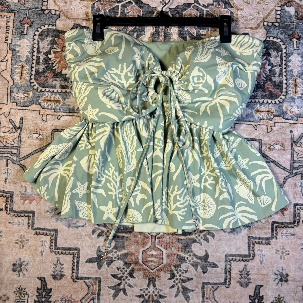 Popflex Active Strapless Peplum Top Sage Green Ocean Shell Large Swim Suit Beach